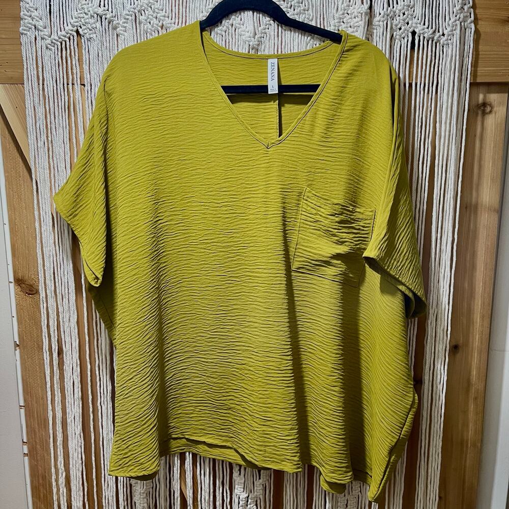 NWOT Zenana Boho Crinkled Chartreuse Airflow V-Neck Dolman Sleeve Oversized L